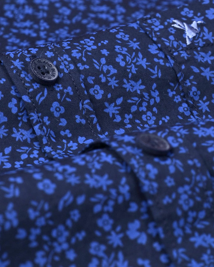 Dark Blue Floral Print-Full-Cotton Linen Shirt