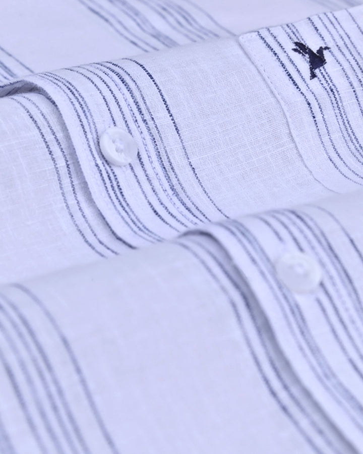 White & Navy Multi Line Stripes -Full-Cotton Linen Shirt