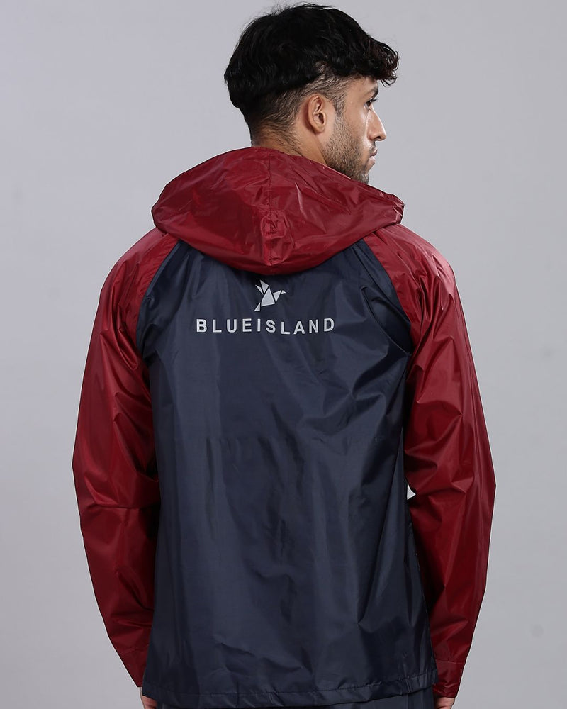 Navy Blue with Maroon - Rain Jacket with Pant and Mobile Pouch