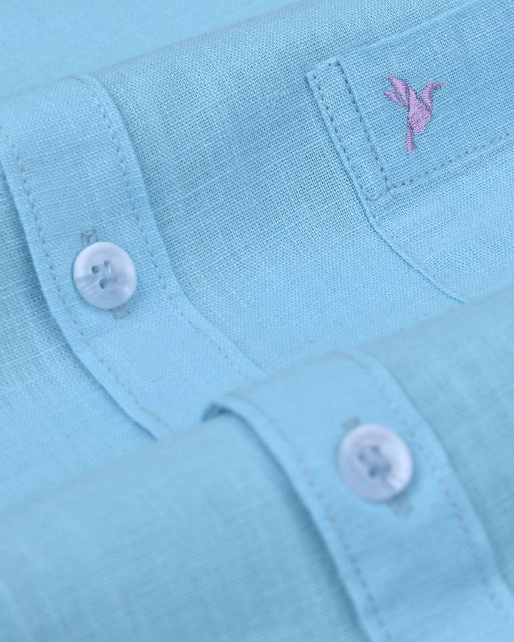Sky Blue Solid-Full-Cotton Linen Shirt