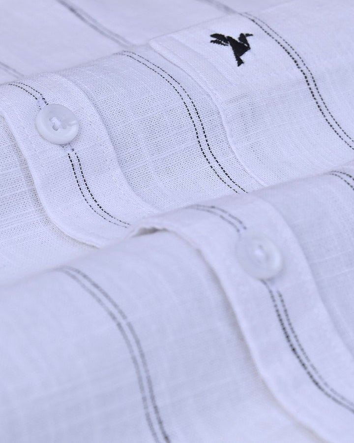 White & Black Double Dotted Line Stripes -Full-Cotton Linen Shirt