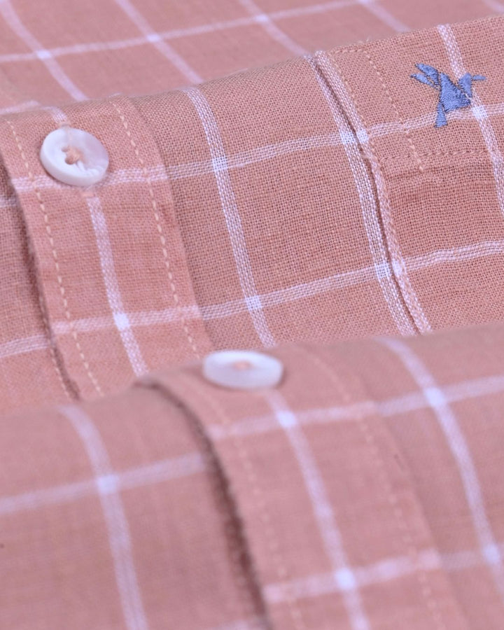 Salmon Orange & White Checks -Full-Cotton Linen Shirt