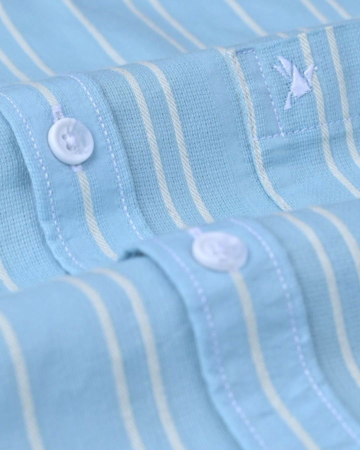 Sky Blue Double Line Stripes -Full-Cotton Linen Shirt