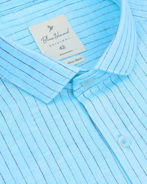 Blue & Black Dotted Line Stripes -Full-Bamboo Linen