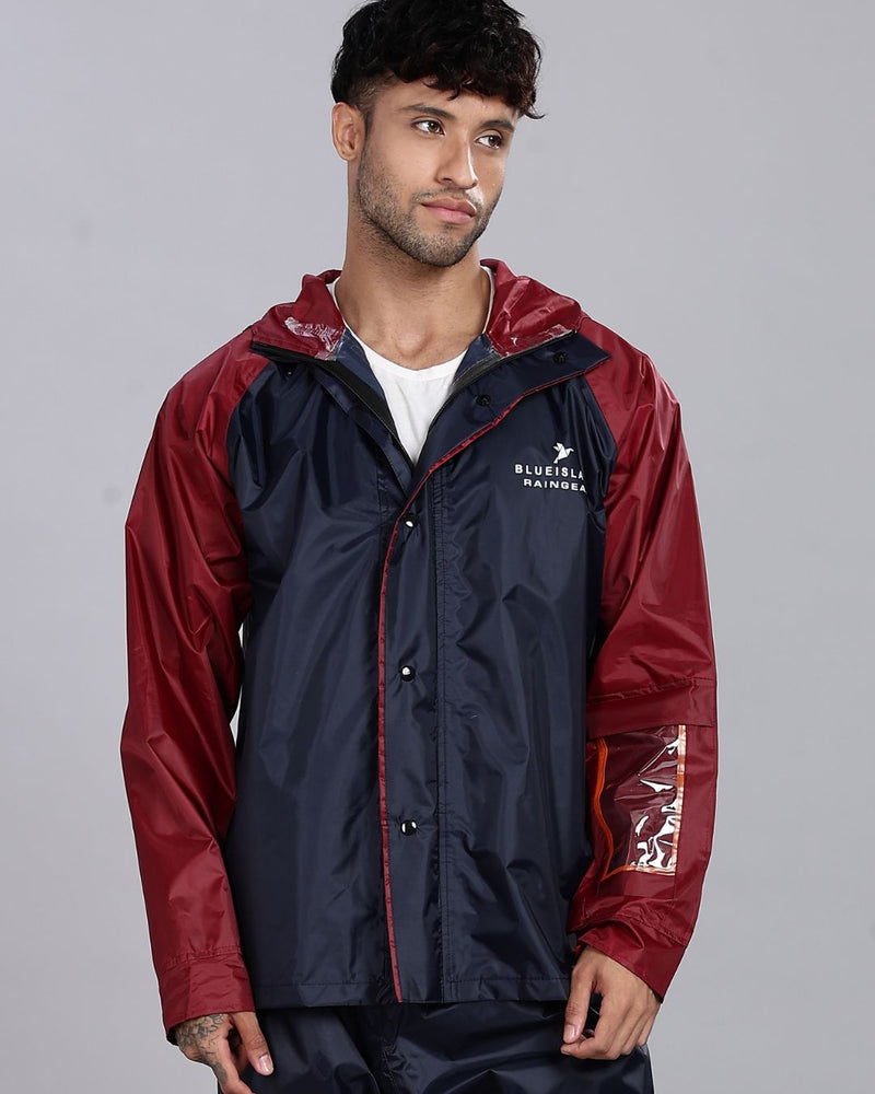 Navy Blue with Maroon - Rain Jacket with Pant and Mobile Pouch