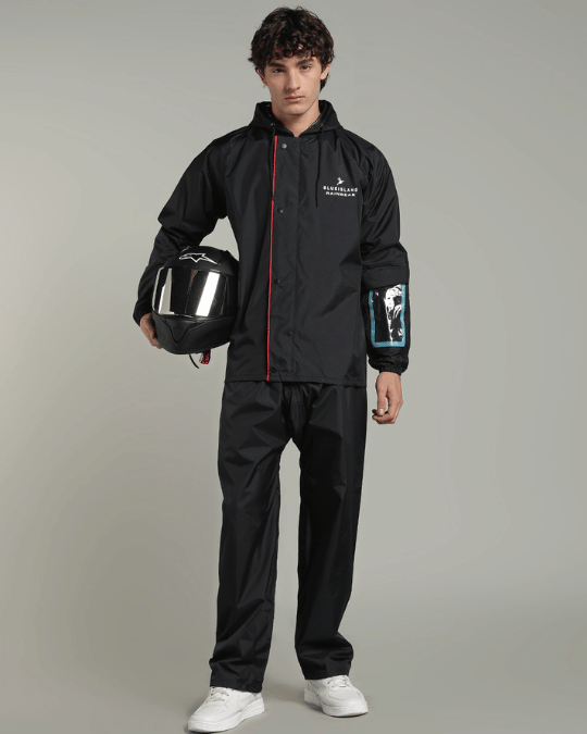 Matte Black with Red Border - Rain Jacket with Pant & Mobile Pouch