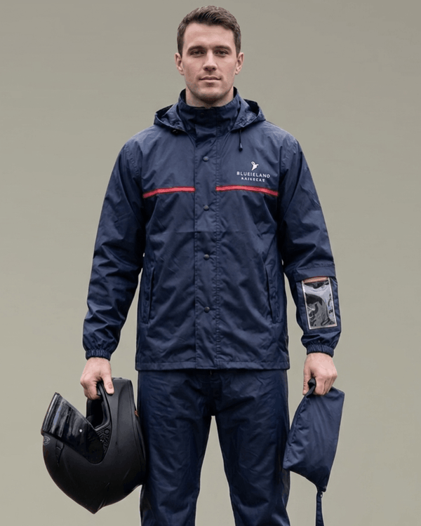 Navy with Red Chest Pipe  - Rain Jacket with Pant and Mobile Pouch
