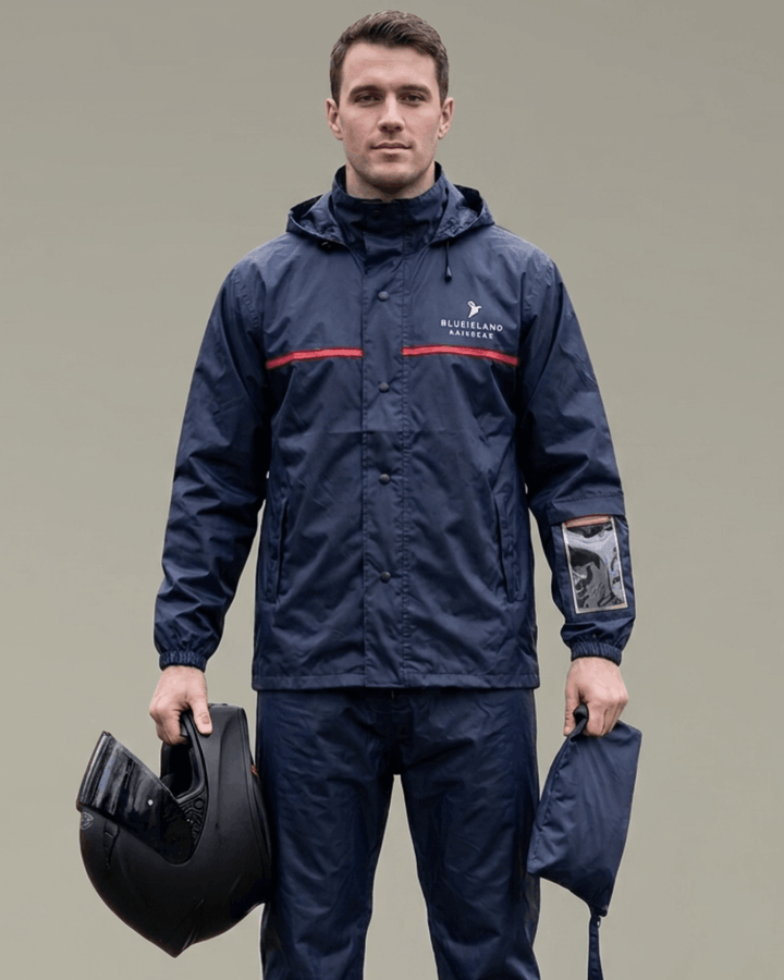 Navy with Red Chest Pipe  - Rain Jacket with Pant and Mobile Pouch