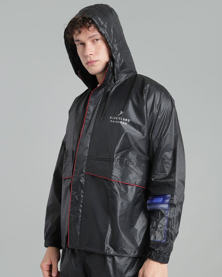 Black with Red Taping - Rain Jacket with Pant and Mobile Pouch
