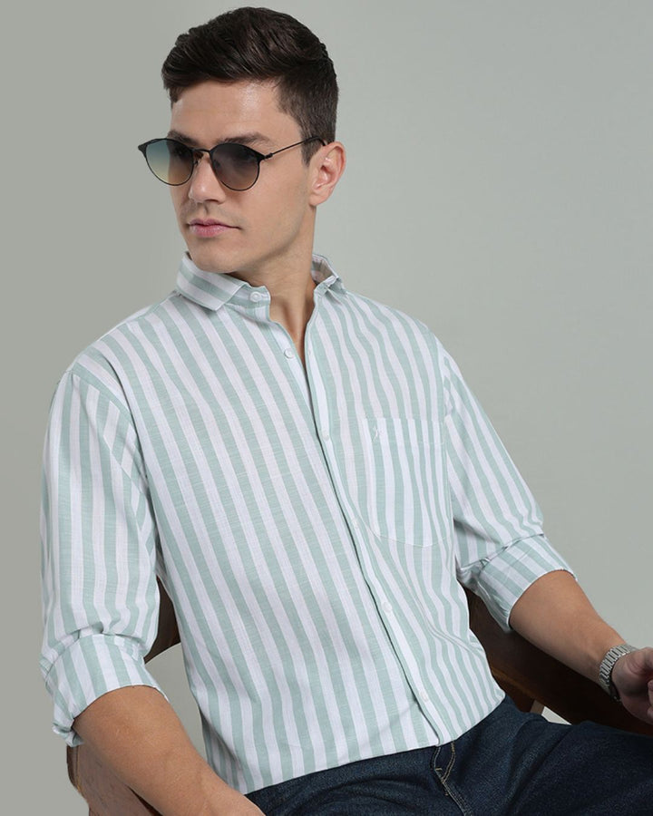 White & Green Bold Stripes -Full-Cotton Linen Shirt
