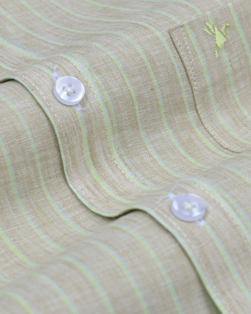 Lite Khaki & Green Stripes -Full-Bamboo Linen
