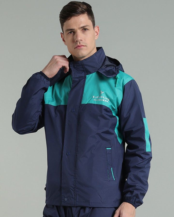 Navy with Teal Shoulder Panel - Rain Jacket with Pant