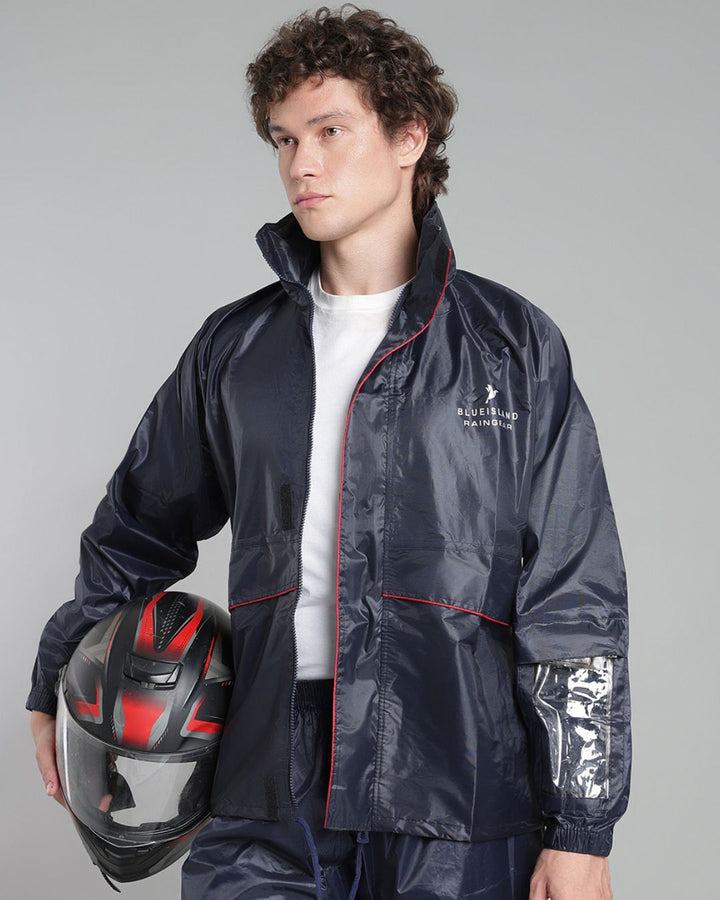 Navy with Red Taping - Rain Jacket with Pant and Mobile Pouch