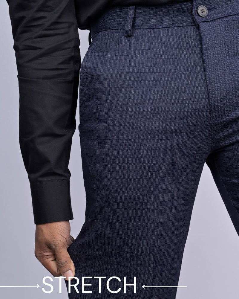 Navy Grain Checked - 2 way stretch - COTTON PANT