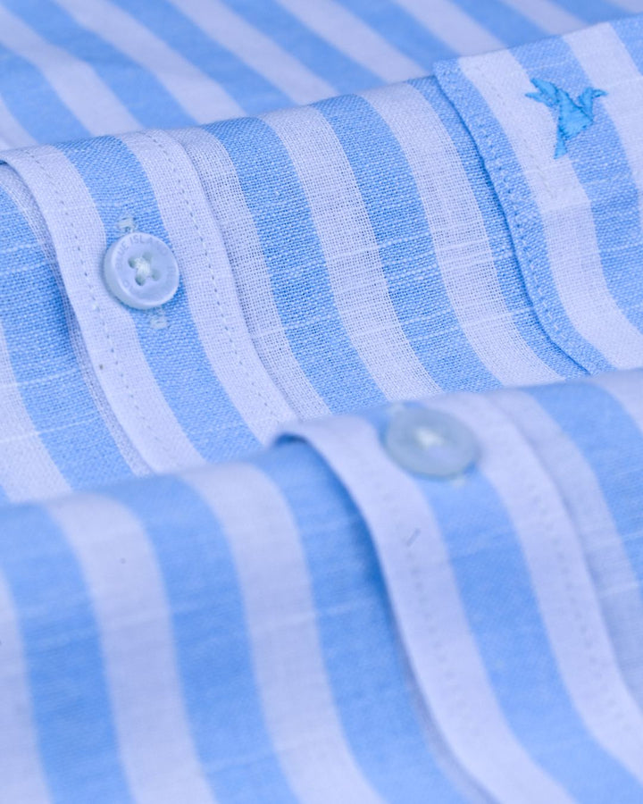 Aqua Blue and White Bars -Full-Bamboo Linen