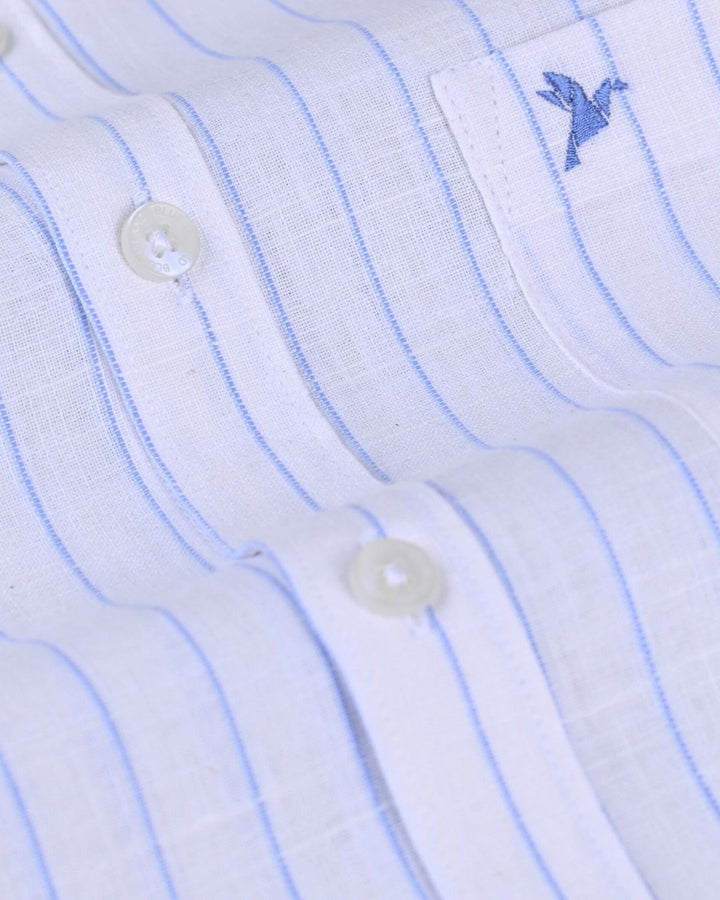 White & Blue Double Line Stripes -Full-Bamboo Linen