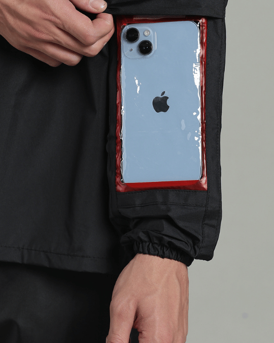 Black with Cream Border - Rain Jacket with Pant & Mobile Pouch