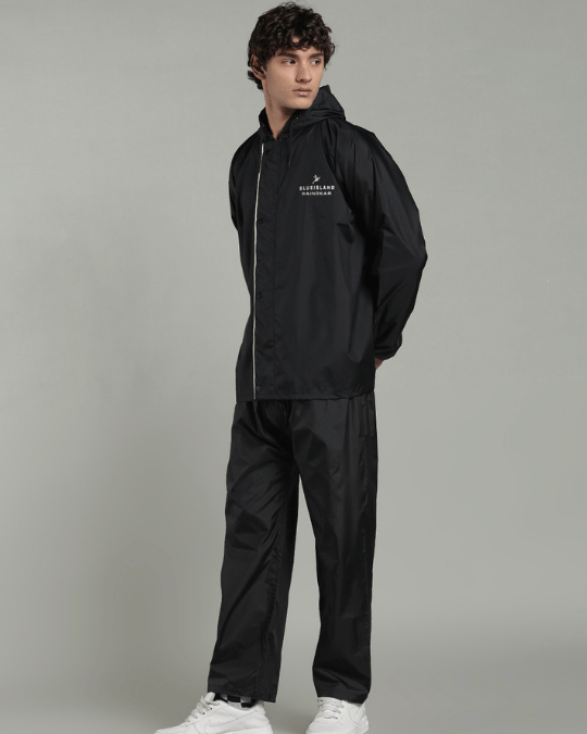 Black with Cream Border - Rain Jacket with Pant & Mobile Pouch