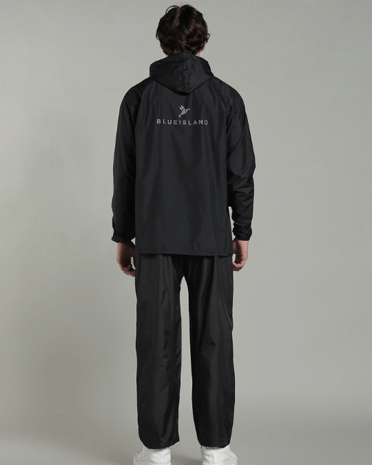 Black with Cream Border - Rain Jacket with Pant & Mobile Pouch