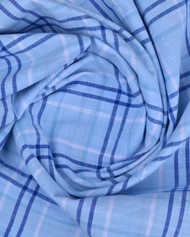Sky Blue & Navy Doube Line Checks-Full-Cotton Linen Shirt