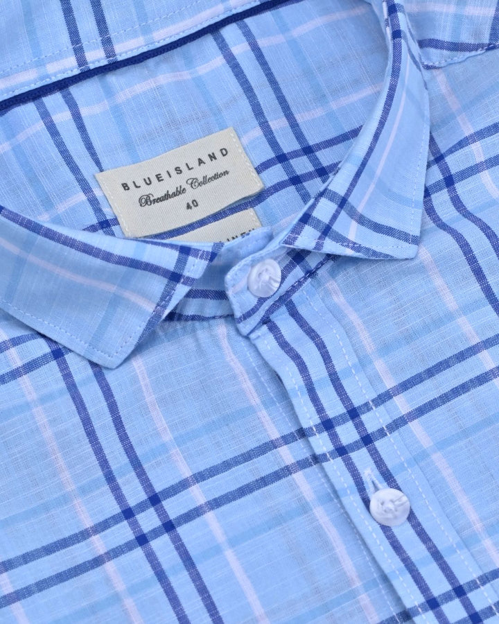 Sky Blue & Navy Doube Line Checks-Full-Cotton Linen Shirt