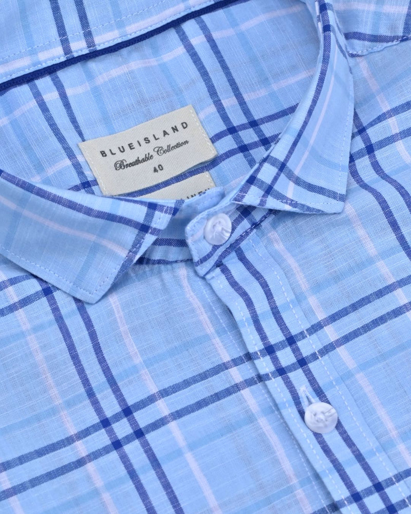 Sky Blue & Navy Doube Line Checks-Full-Cotton Linen Shirt