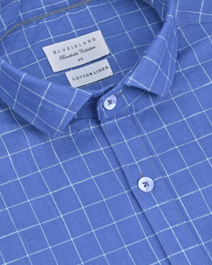 Dark Blue Box Checks -Full-Cotton Linen Shirt