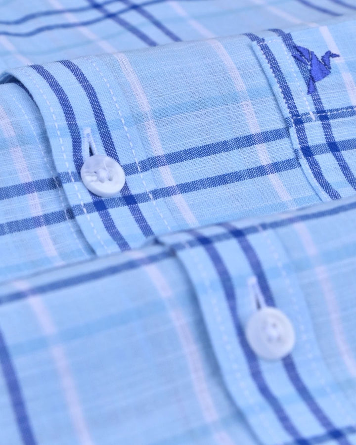 Sky Blue & Navy Doube Line Checks-Full-Cotton Linen Shirt
