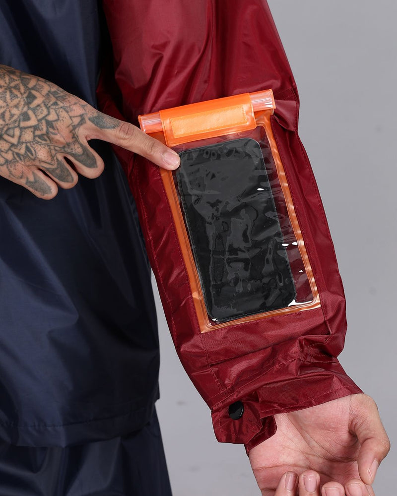 Navy Blue with Maroon - Rain Jacket with Pant and Mobile Pouch