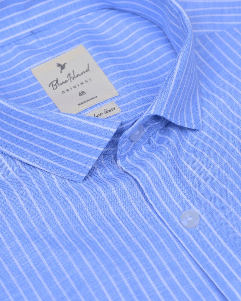 Blue & White Mini Stripes -Full-Bamboo Linen