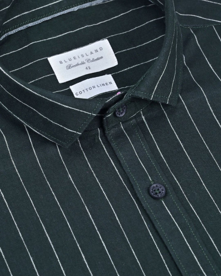 Dark Green Solo Stripes-Full-Cotton Linen Shirt