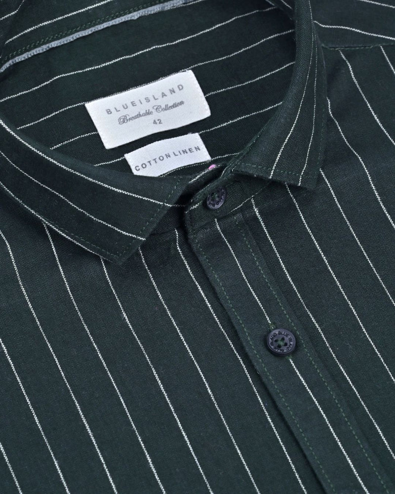 Dark Green Solo Stripes-Full-Cotton Linen Shirt