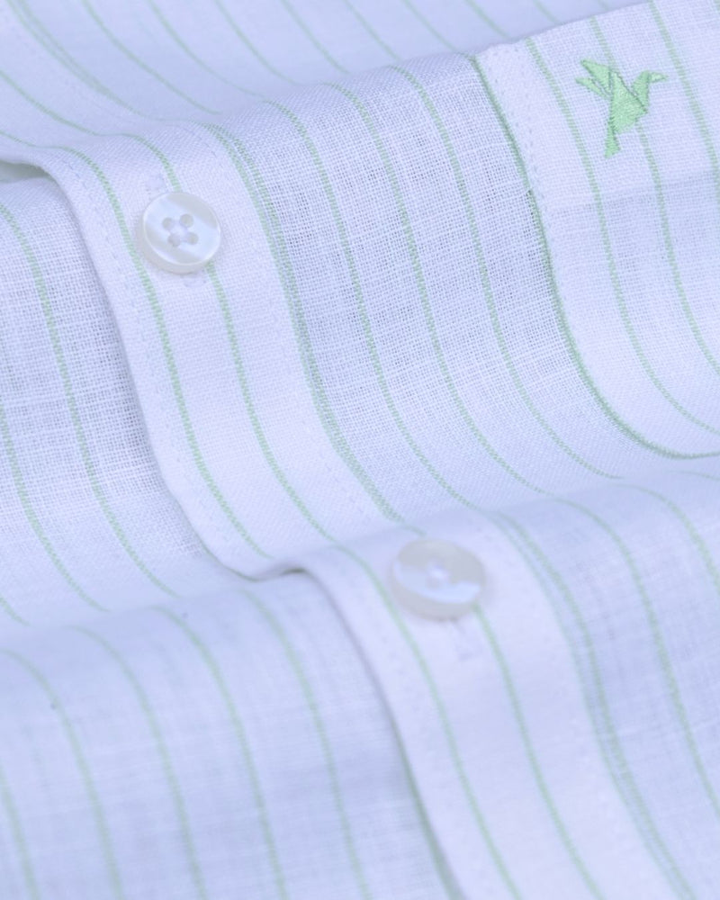 White & Green Mini Stripes -Full-Bamboo Linen