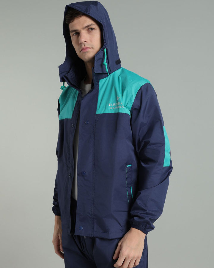 Navy with Teal Shoulder Panel - Rain Jacket with Pant