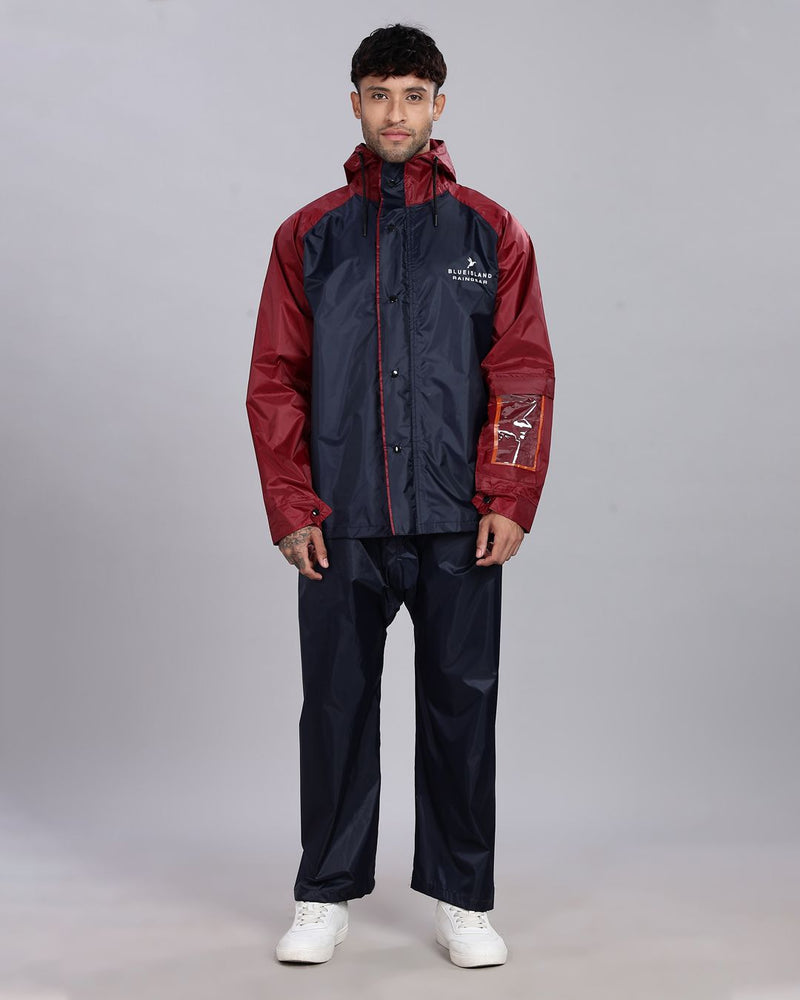 Navy Blue with Maroon - Rain Jacket with Pant and Mobile Pouch