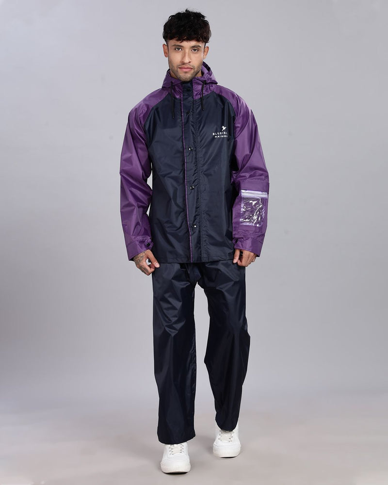 Navy Blue with Violet - Rain Jacket with Pant and Mobile Pouch