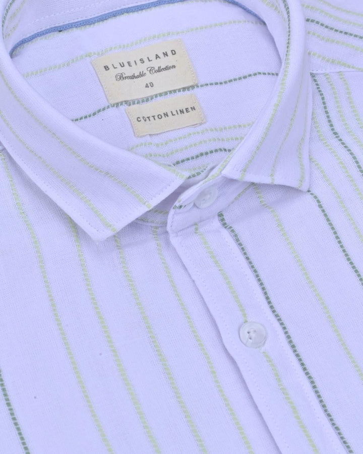 White & Green Multi Line Stripes-Full-Cotton Linen Shirt