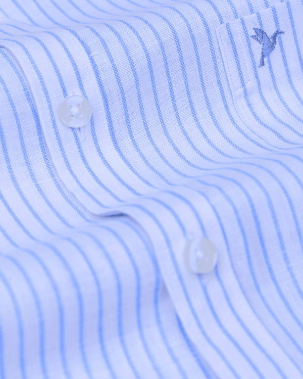 White & Blue Mini Stripes -Full-Bamboo Linen