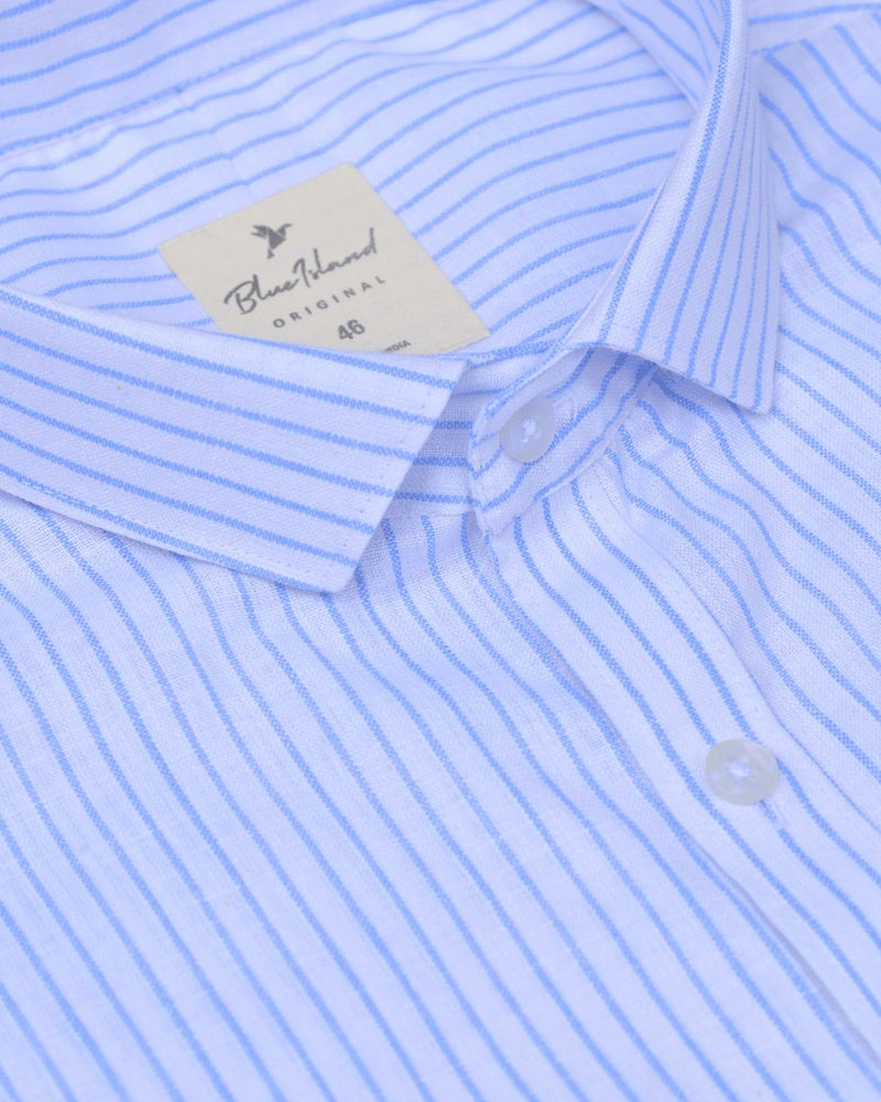 White & Blue Mini Stripes -Full-Bamboo Linen