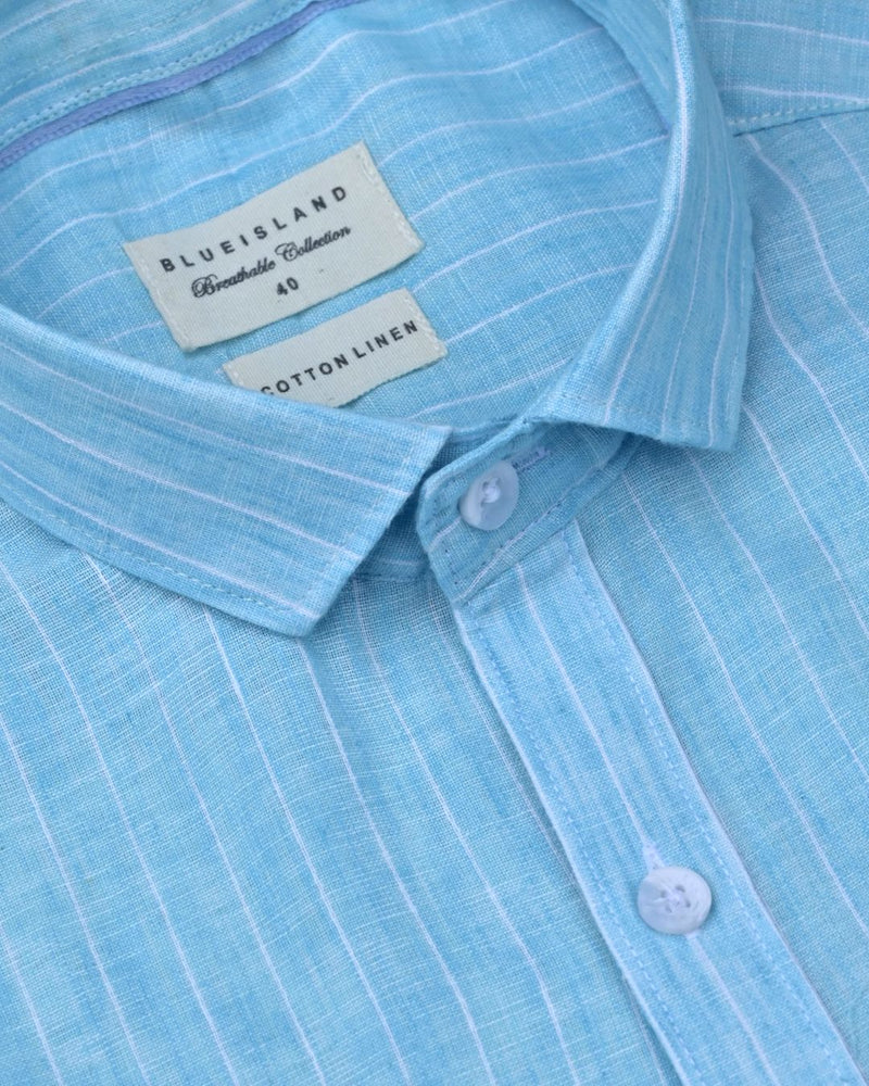 Ice Blue & White Stripes -Full-Cotton Linen Shirt