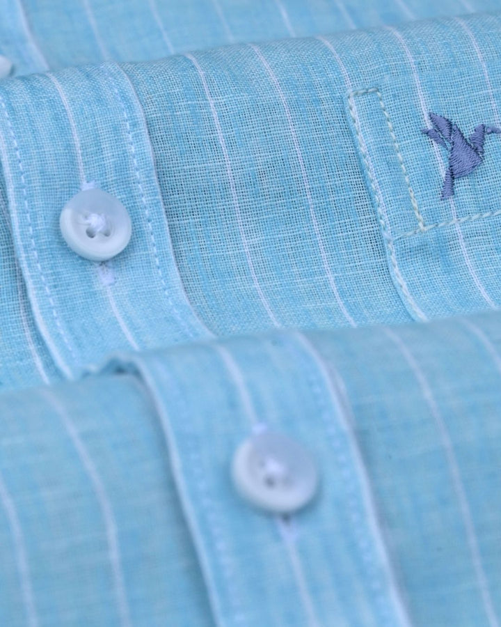 Ice Blue & White Stripes -Full-Cotton Linen Shirt