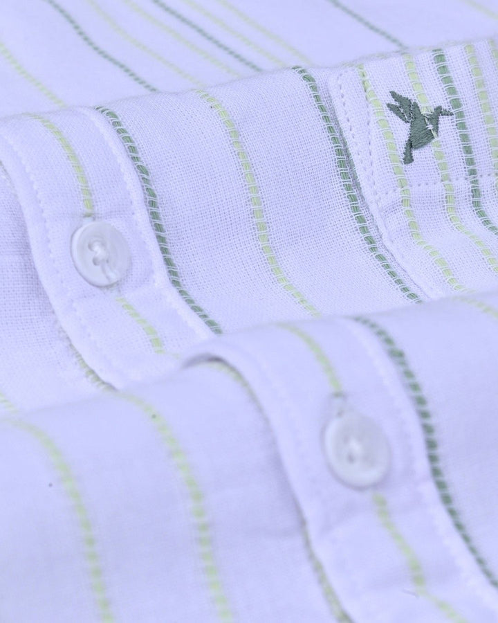 White & Green Multi Line Stripes-Full-Cotton Linen Shirt