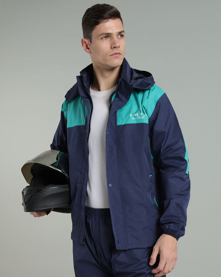 Navy with Teal Shoulder Panel - Rain Jacket with Pant