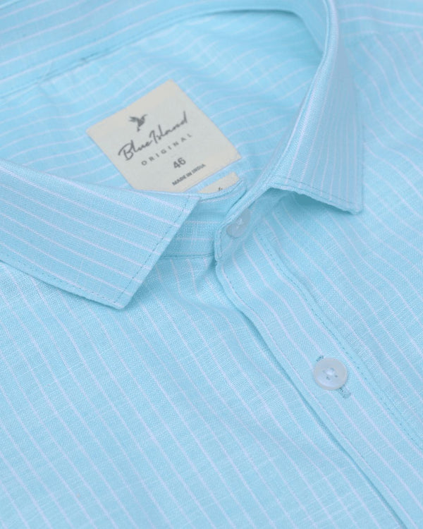 Turquoise Blue Mini Stripes -Full-Bamboo Linen