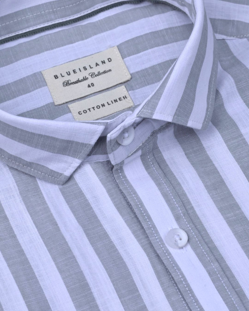 White & Grey Bold Stripes -Full-Cotton Linen Shirt