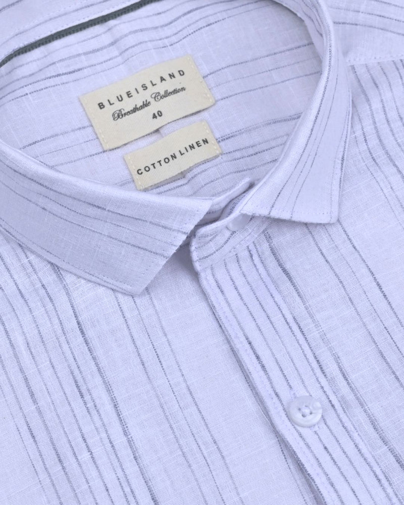 White & Grey Multi Line Stripes -Full-Cotton Linen Shirt