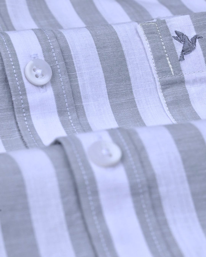 White & Grey Bold Stripes -Full-Cotton Linen Shirt