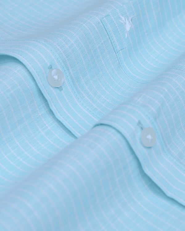 Turquoise Blue Mini Stripes -Full-Bamboo Linen