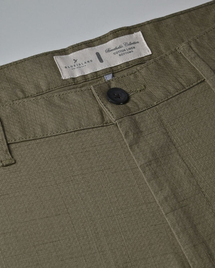 Olive Mini Checks- 2 way stretch - COTTON LINEN PANT