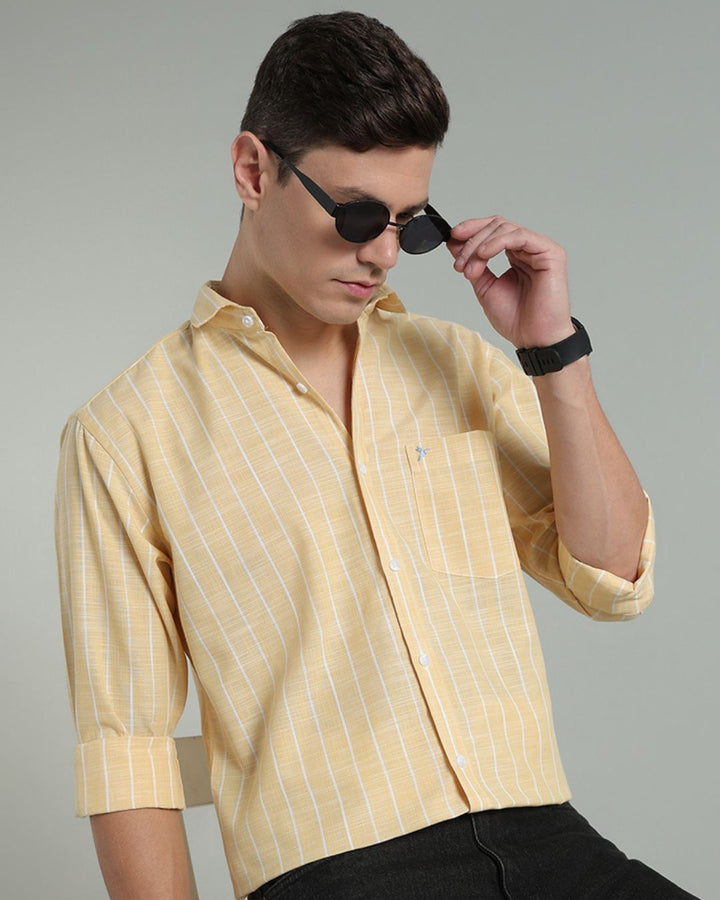 Bright Yellow & White Line Stripes -Full-Cotton Linen Shirt